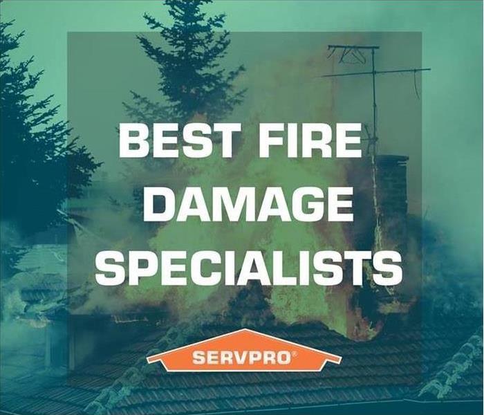 Background of house with smoke and text Best fire damage specialist with SERVPRO logo