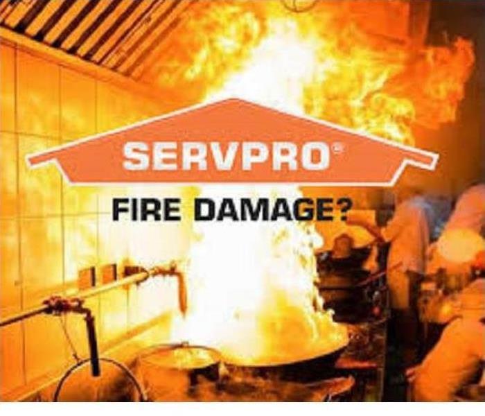 A pot that caught fire over the stove in a kitchen on fire and SERPRO logo with fire damage written under it.
