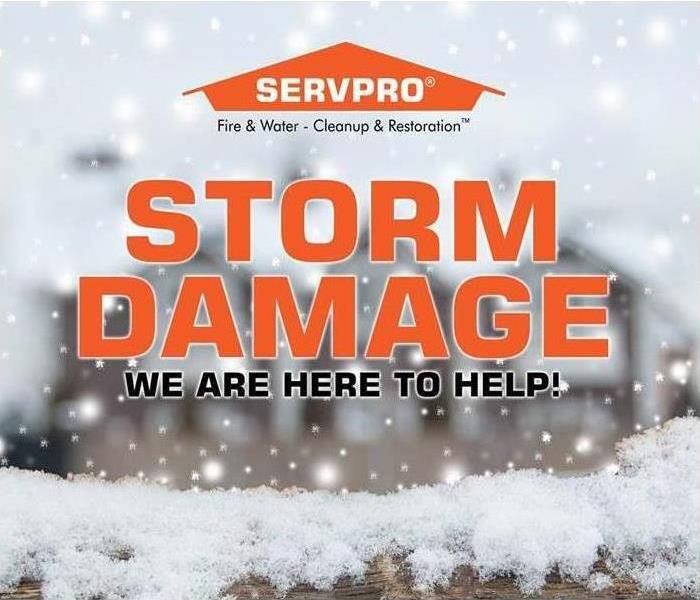 A snowy image with SERVPRO logo and caption Storm Damage we are here to help