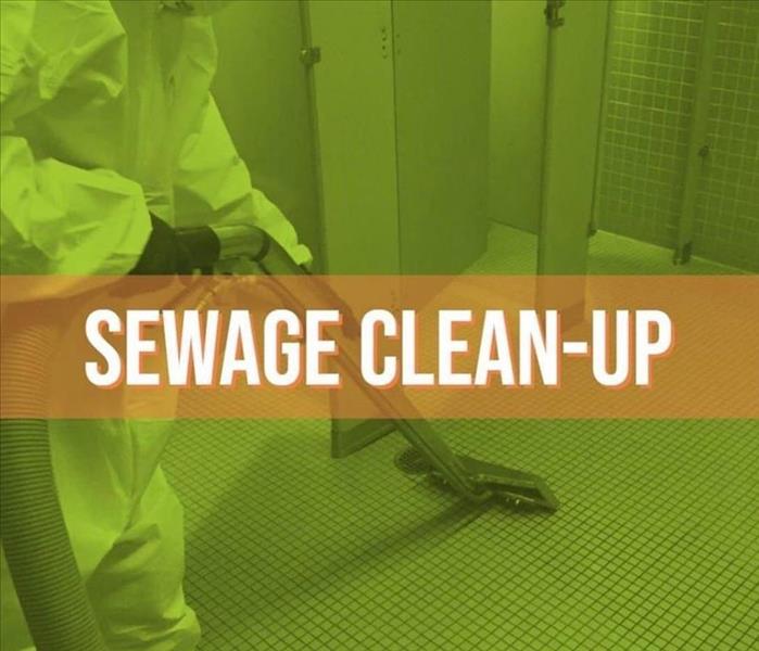 A person dressed in PPE cleaning up water from a public bathroom and text "sewage clean-up"