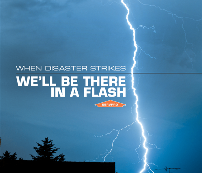 view of a roof and lighting striking down with text "when disaster strikes we'll be there in a flash" and SERVPRO logo